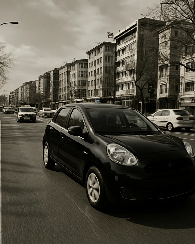 Editorial automotive photography, wide 35mm angle, a compact car driving on a Turkish city road in natural daylight, rea