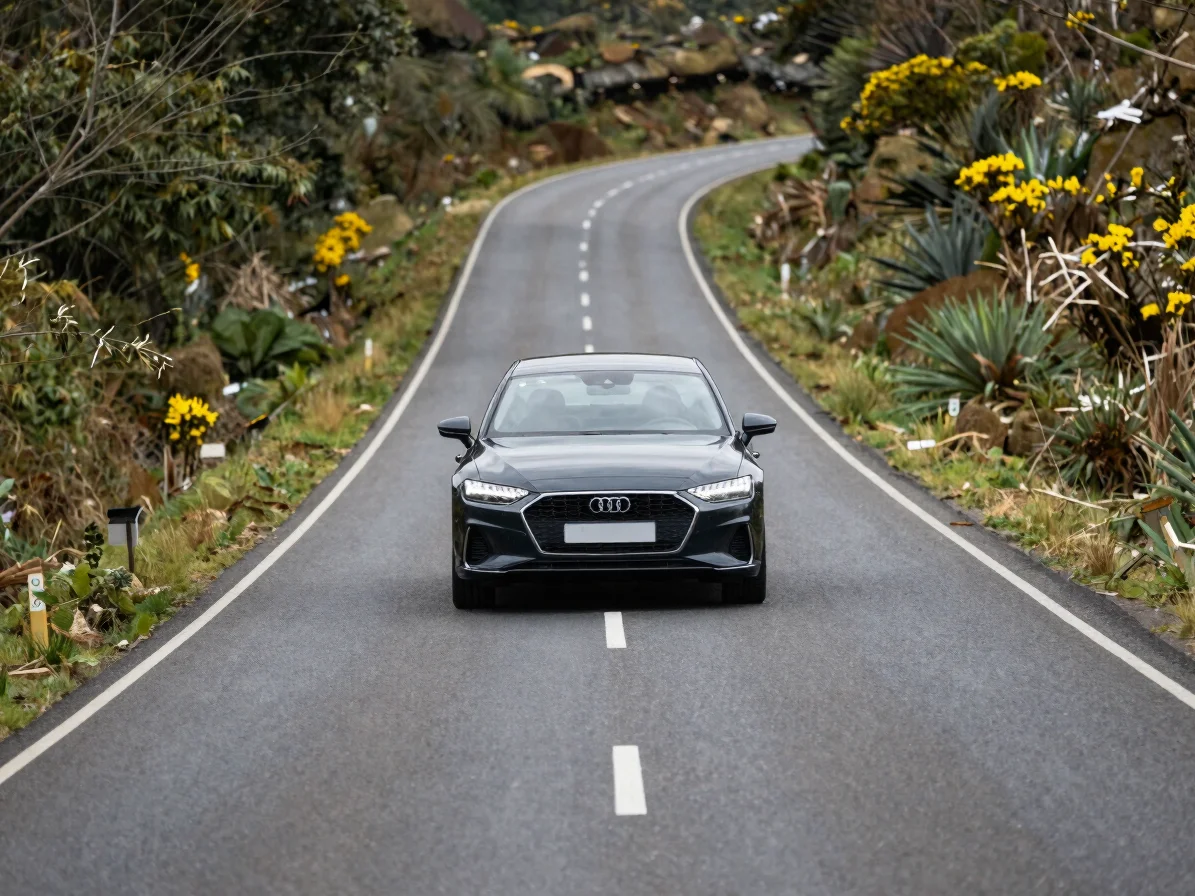 Editorial automotive photography, natural daylight, a car on a wi