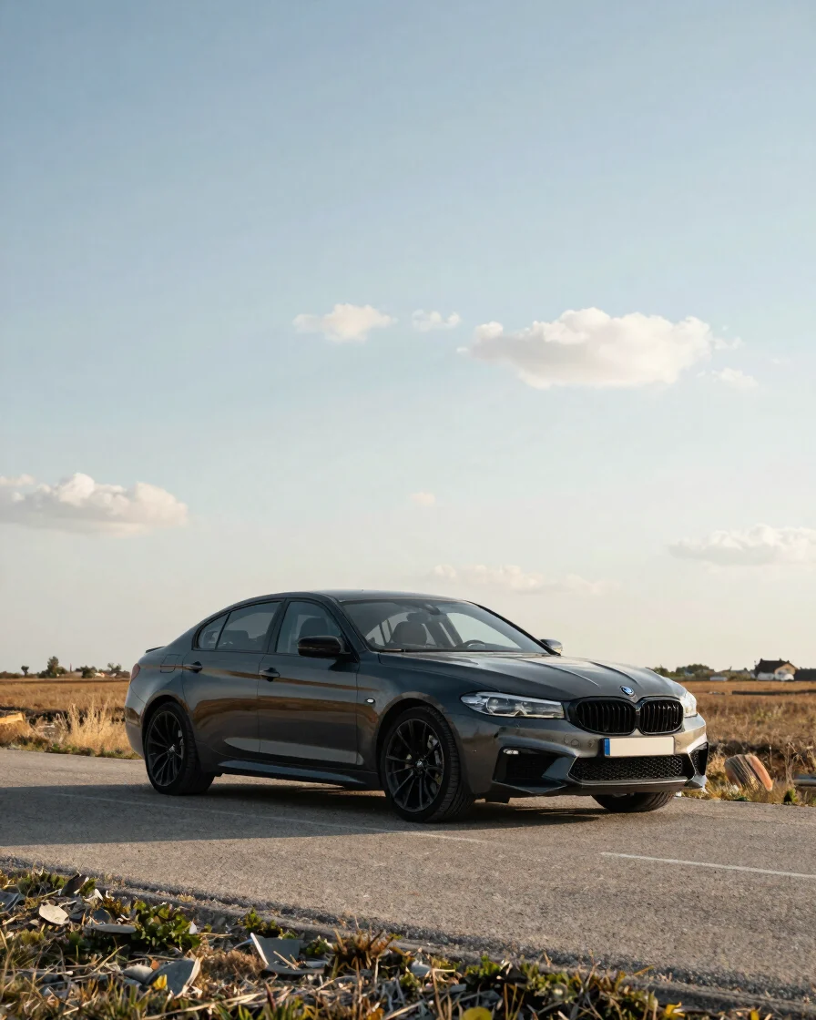Editorial automotive photography, a dark anthracite sports sedan